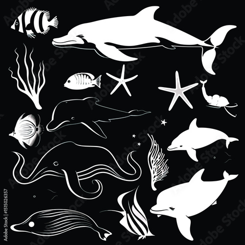Sea creatures, animals, fishes. Black silhouette set, black silhouettes isolated on white background 