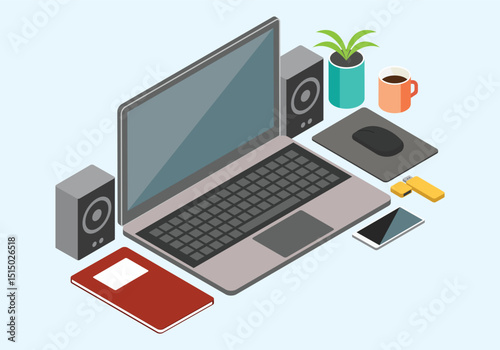 Isometric workspace design modern office desk setup with computer and accessories