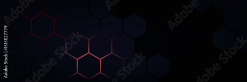 Dark gray and red horizontal hexagonal technology abstract vector background. red bright energy flashes under hexagon in futuristic modern technology wide banner. Dark gray honeycomb texture grid.