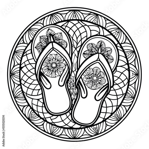 Flip Flop Mandala Coloring Page with Floral Designs and Geometric Patterns