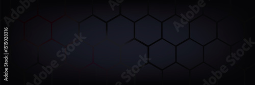 Dark gray and red horizontal hexagonal technology abstract vector background. red bright energy flashes under hexagon in futuristic modern technology wide banner. Dark gray honeycomb texture grid.