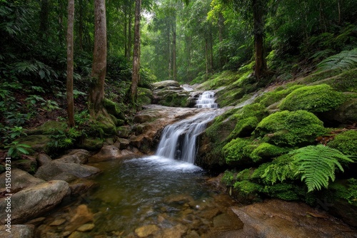 Lush forest scene featuring a cascading waterfall flowing over mosscovered rocks into a clear pool photo