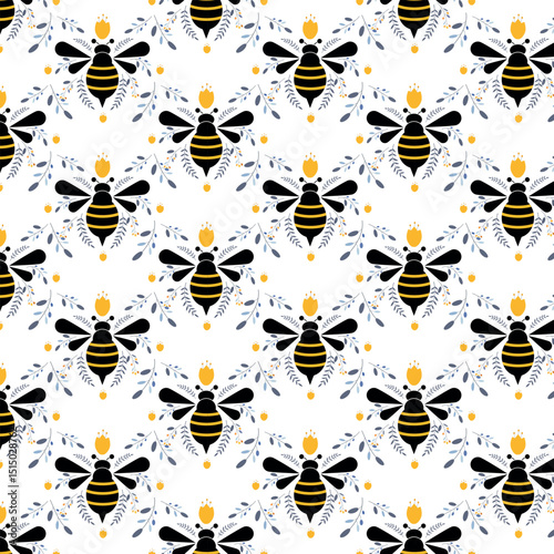 Seamless pattern with bees and flowers abstract.