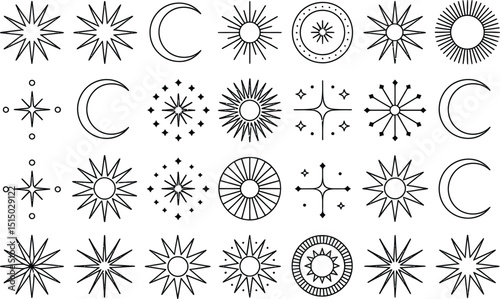 Minimalist celestial icons sun moon stars galaxy astrology design elements