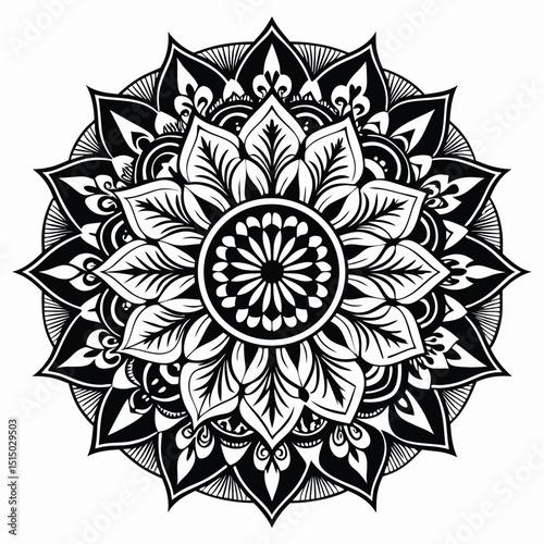 Intricate Black and White Mandala Design with Floral and Geometric Elements