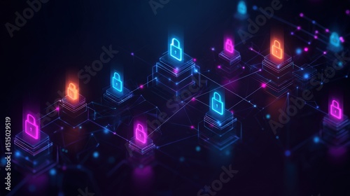 A digital illustration of interconnected neon padlocks symbolizing cybersecurity and blockchain technology on a dark background.