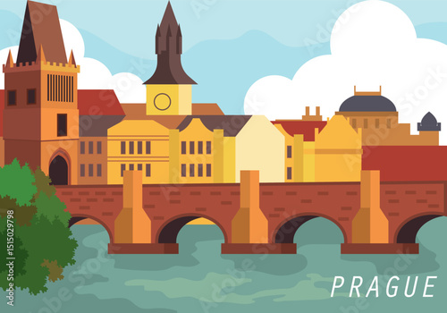 Prague cityscape illustration detailed vector graphic of famous landmarks