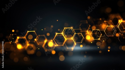 Glowing golden hexagons and light particles form an abstract, futuristic pattern against a dark background.