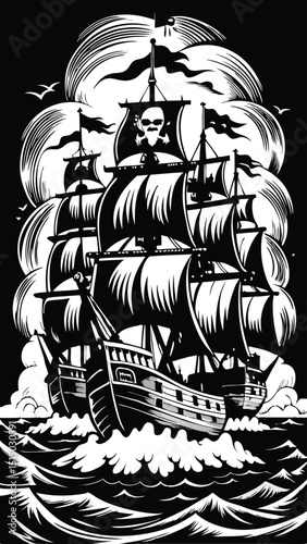 A vintage pirate ship sailing the high seas with a jolly roger black and white design