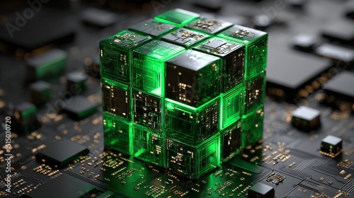 A glowing green cube composed of microchip-like elements sits on a dark circuit board, symbolizing advanced digital technology.