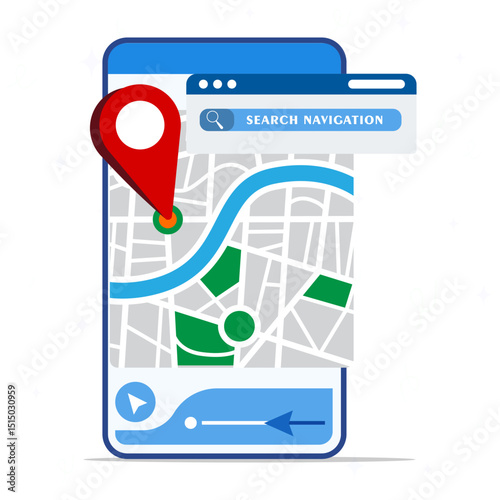 Search bar and pin on smartphone screen. GPS and navigation symbol. GPS pointer marker. Elements for maps. Finding location concept.