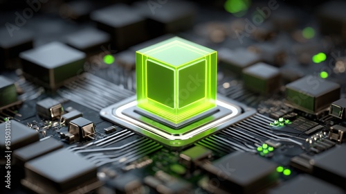 A glowing green cube sits atop a microchip on a detailed computer motherboard, symbolizing advanced technology and digital innovation.