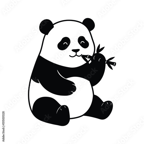 Adorable Cartoon Panda Eating Bamboo  Black and White Illustration photo