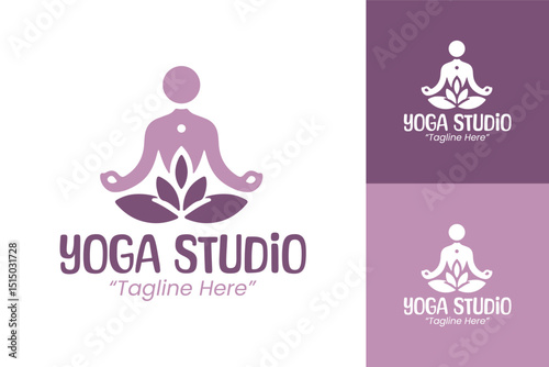 Yoga Studio Logo with Lotus Flower and Meditating Figure in Purple