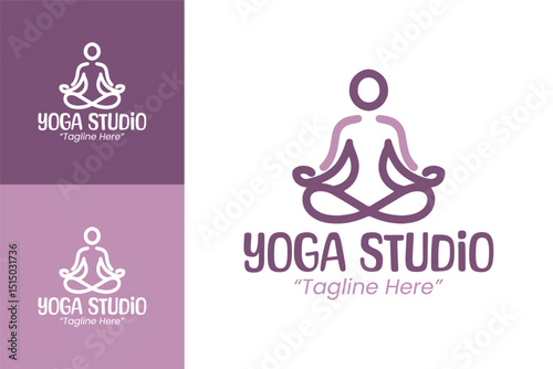 Minimalist Purple Yoga Studio Logo Design Featuring Lotus and Meditating Icon