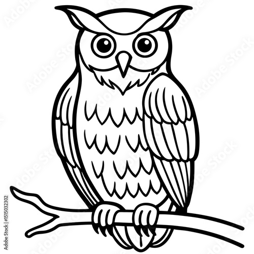 Owl Perched on Branch, Frontal View in Fine Line Detail