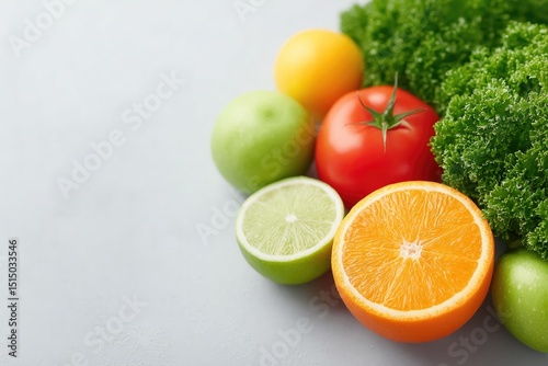 minimalistic arrangement of fresh colorful vegetables and fruits on plain white background