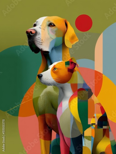 Abstract art painting of colorful dogs and cats in modern design animal composition creative environment