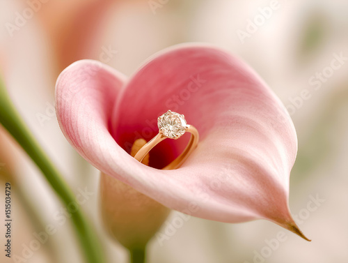 Diamond engagement ring displayed inside a pink calla lily flower close-up