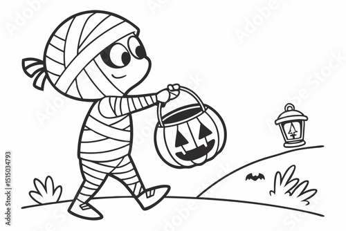 Cartoon Mummy Holding Pumpkin Lantern on White Background – Halloween Character Illustration

