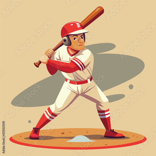 Baseball player in uniform holding bat ready to swing on a baseball diamond illustration