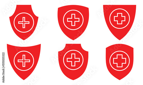 Shield with cross icon set. safety health shield vector illustration.