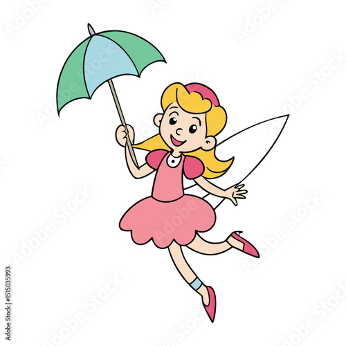A whimsical fairy girl soars through the sky, gracefully flying with a colorful umbrella, her delicate wings shimmering as she dances among fluffy clouds.
