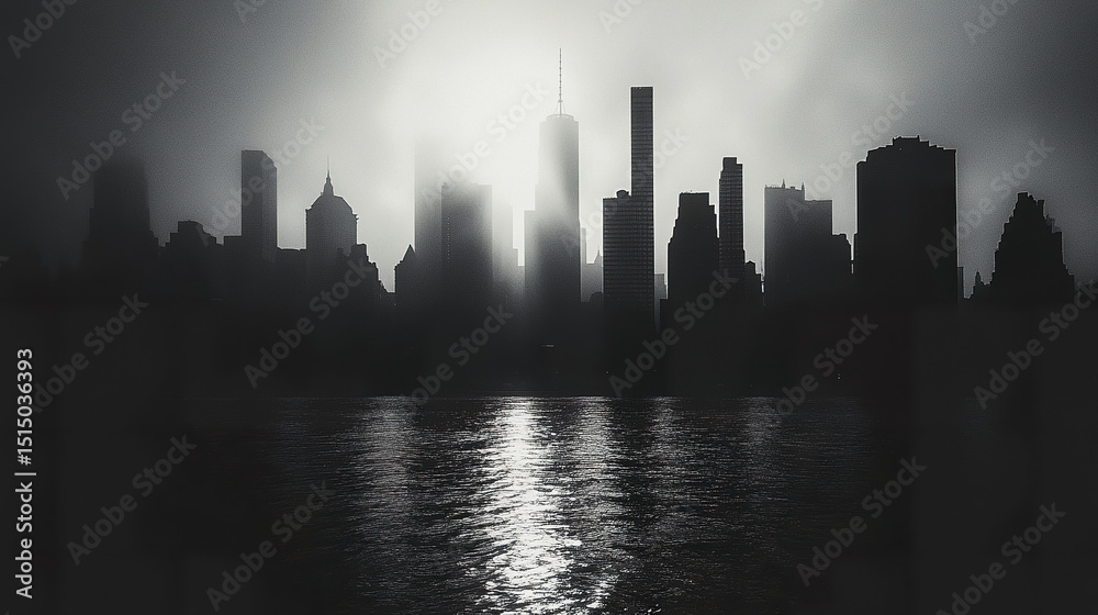 Obraz premium black and white silhouette of city skyline with reflective water surface creates dramatic