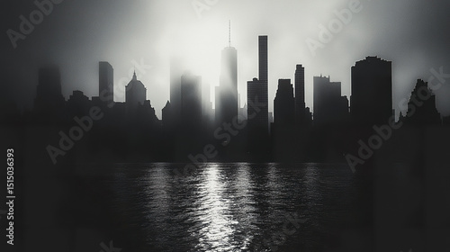 Wallpaper Mural black and white silhouette of city skyline with reflective water surface creates dramatic Torontodigital.ca