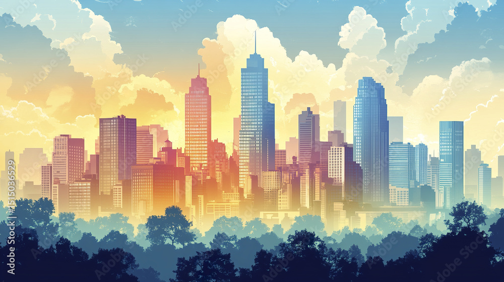 Fototapeta premium vibrant city skyline at sunset, showcasing tall buildings and colorful clouds
