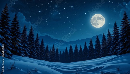 Starry Dark Blue Winter Night Sky Over Pine Forest with Glowing Moon For Illustration or Background Digital Art Creative Design