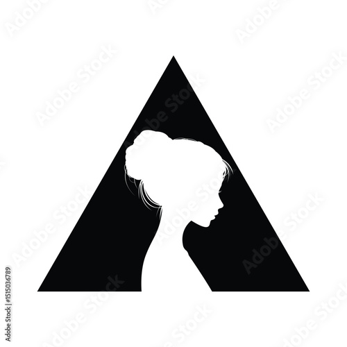 Minimalist vector illustration of a woman's silhouette in side profile, placed inside a bold black triangle on a white background. Perfect for design elements, branding, logos, posters, or modern grap