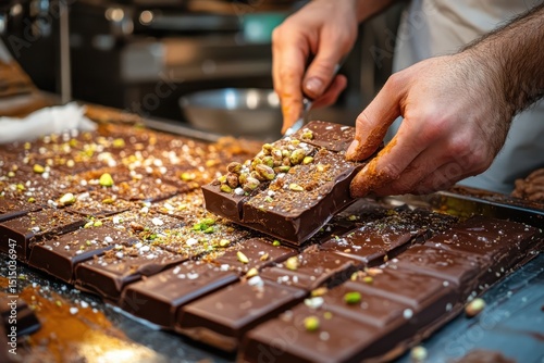 Hand holding gourmet dark chocolate with pistachios on a metal tray, close-up. This image illustrates food preparation, perfect for blogs or culinary content.