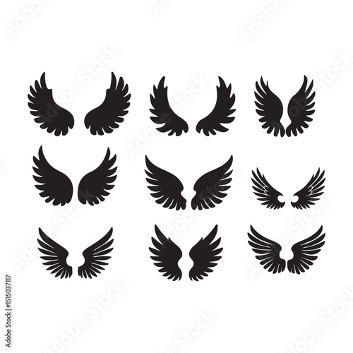 Monochrome Wings Silhouette Vector Icons Set