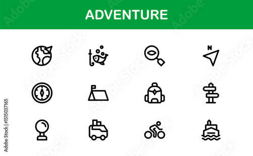 Adventure Icon Set in Vector Style Featuring Hiking, Camping, Travel, and Exploration Graphics
