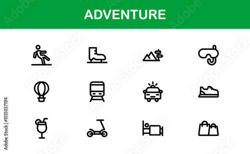 Adventure Icon Set in Vector Style Featuring Hiking, Camping, Travel, and Exploration Graphics