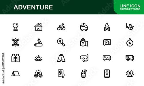 Adventure Icon Set in Vector Style Featuring Hiking, Camping, Travel, and Exploration Graphics