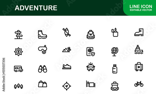 Adventure Icon Set in Vector Style Featuring Hiking, Camping, Travel, and Exploration Graphics