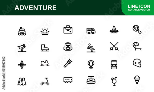 Adventure Icon Set in Vector Style Featuring Hiking, Camping, Travel, and Exploration Graphics