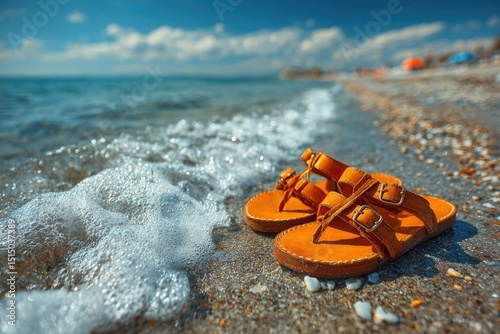 close-up of sunlit sandals on beach with gentle lapping waves clean image strong summer vacation vibe