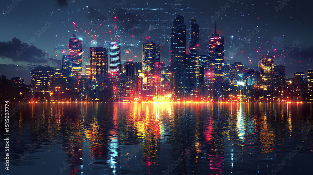 Fototapeta premium glowing city skyline at night with reflections on water creates vibrant atmosphere