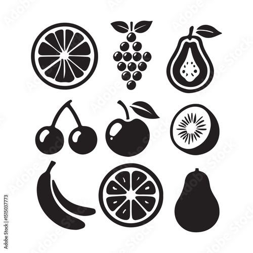 Healthy Fruits Silhouette Vector Icons Set