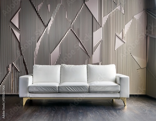 modern white sofa in front of geometric 3d textured wall in minimalist interior design
