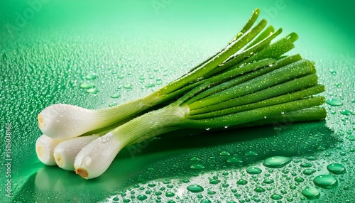 fresh bunch of green onions on vibrant green background with water droplets
