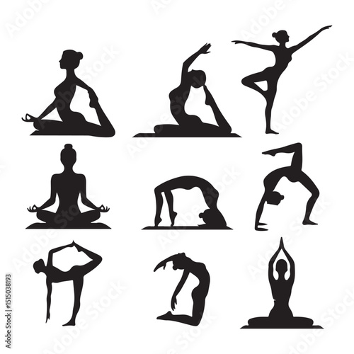 Yoga Poses and Meditation Vector Silhouettes Set