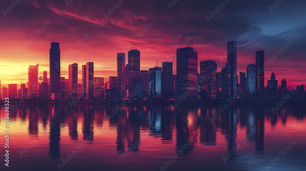 Obraz premium modern urban skyline silhouette reflecting on water during vibrant sunset