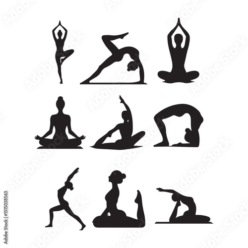 Yoga Poses and Meditation Vector Silhouettes Set
