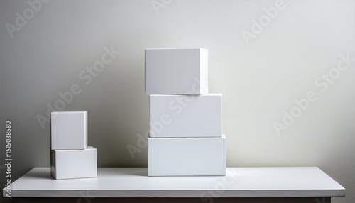 stack of white square objects sitting on a white desk against a white wall