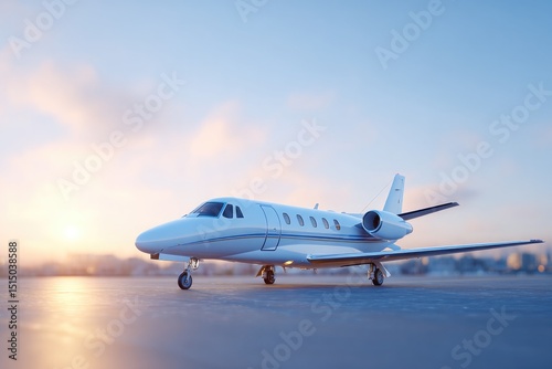 sleek private jet parked on expansive tarmac glistens under bright sunlight