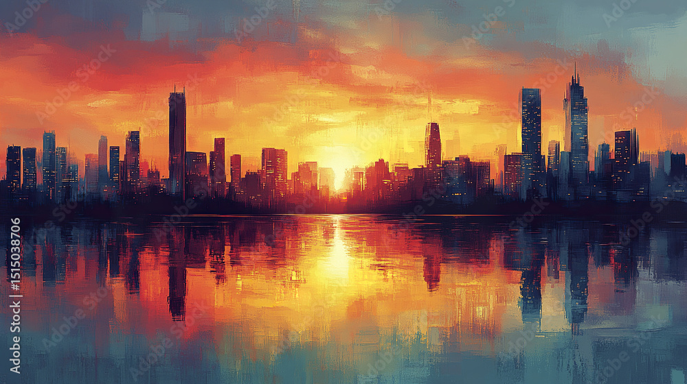 Fototapeta premium vibrant urban skyline silhouette sunset, reflecting calm water, evokes sense of tranquility